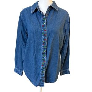 Vintage Nutcracker Womens Denim Shirt Sz M Christmas Holiday Lights Embroidered‎